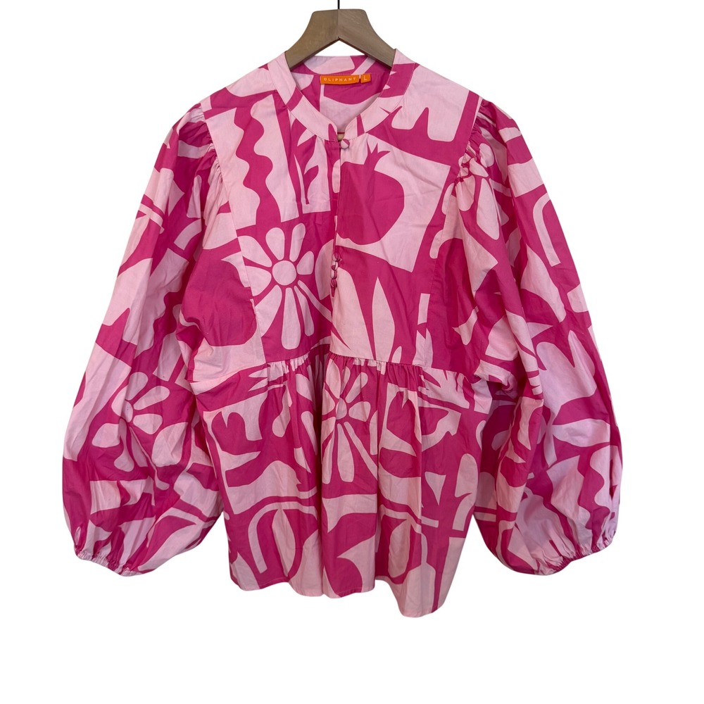 Oliphant Blouse Large Pink Floral Pomegranate Puff Sleeve Cotton Peplum Top